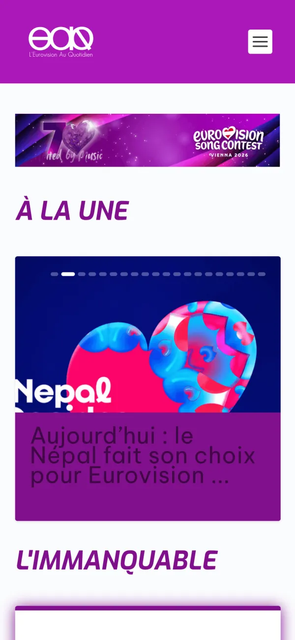 Eurovision Quotidien : la page d’accueil sur mobile