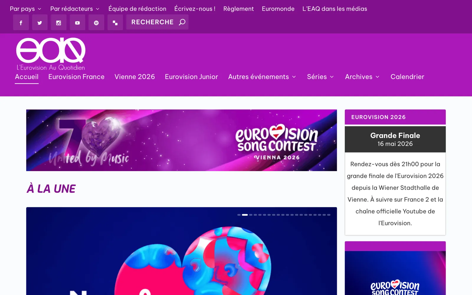 Eurovision Quotidien : la page d’accueil du site en ligne, sur ordinateur